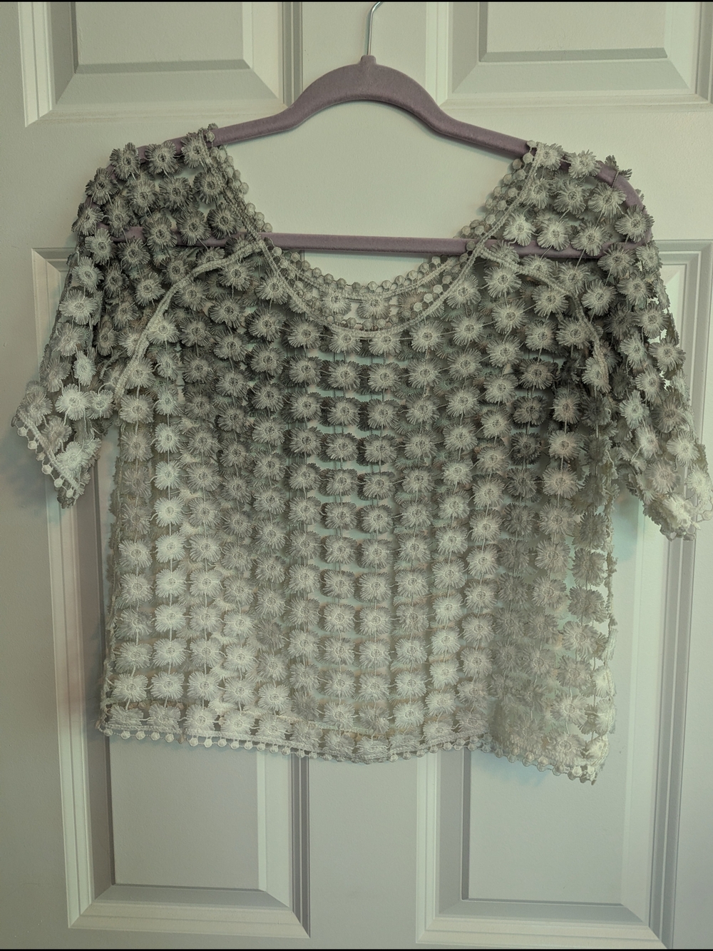 Sheer Floral Crochet Short Sleeve Top - Light Gray